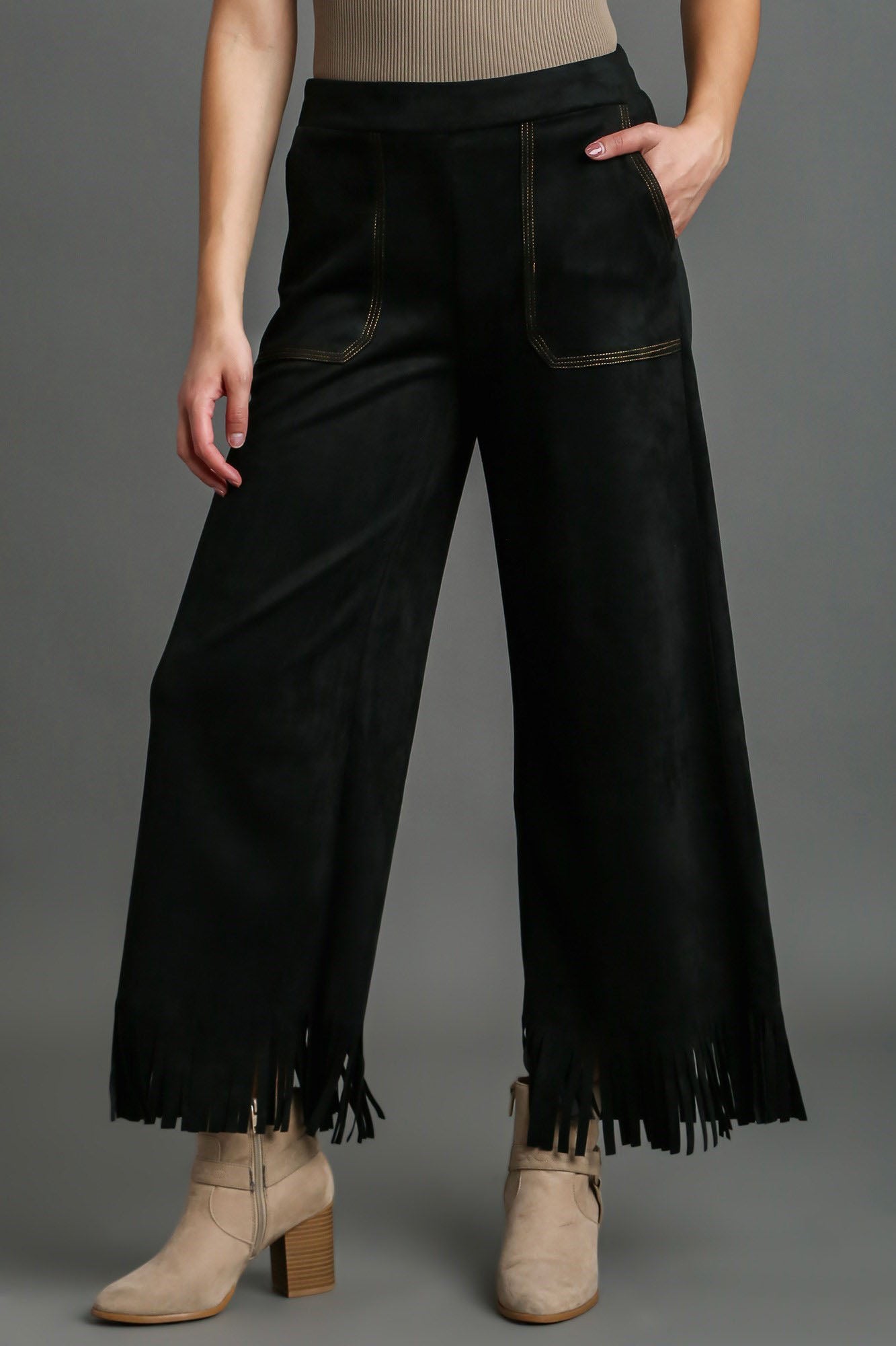 Umgee Full Size Suede Fringe Hem Wide Leg Pants Plus Size - Sydney So Sweet