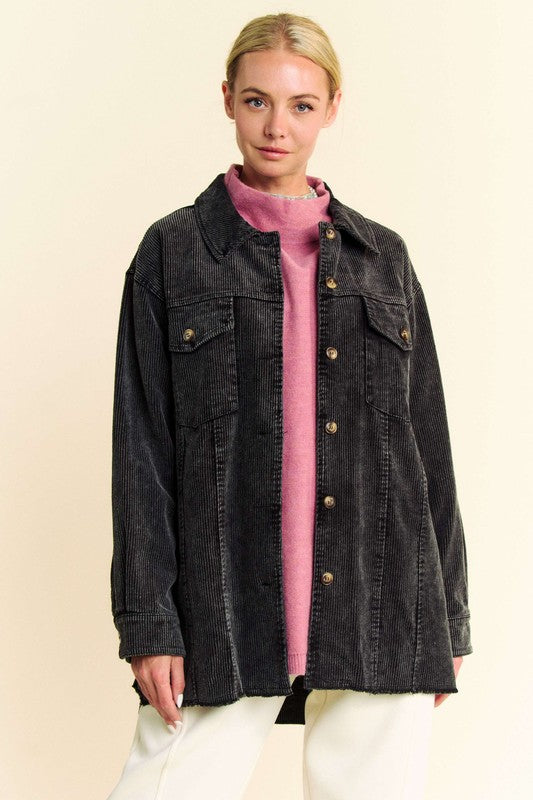 Davi & Dani Washed Corduroy Raw Hem Button Up Jacket - Sydney So Sweet