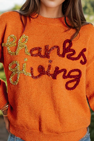 Thanksgiving Script Round Neck Long Sleeve Sweater - Sydney So Sweet