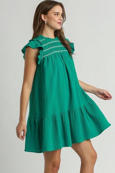 Umgee Full Size Smocked Contrast Stitching Ruffle Cap Sleeve Round Neck Dress Plus Size - Sydney So Sweet