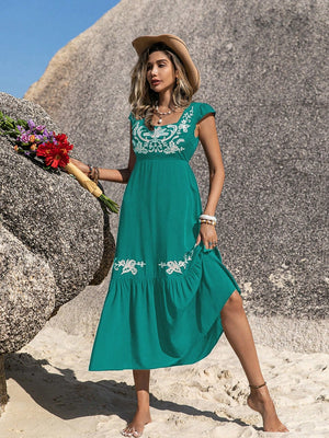 Embroidered Square Neck Cap Sleeve Dress - Sydney So Sweet