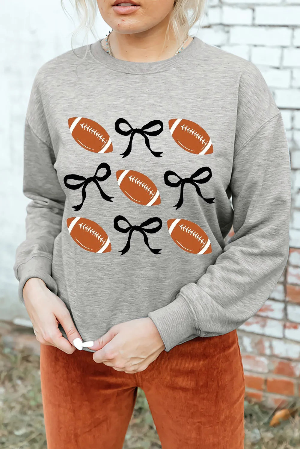 Football &amp; Bows Coquette Neck Long Sleeve Women&#39;s Graphic Sweatshirt - Sydney So Sweet