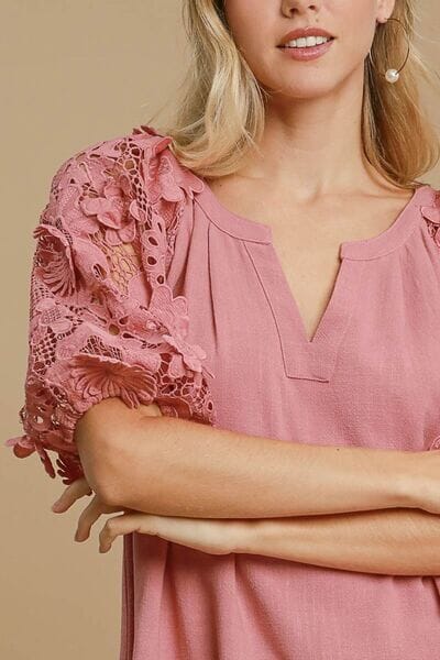 Umgee Full Size French Terry Boxy Cut Top with 3D Floral Sleeve Plus Size - Sydney So Sweet