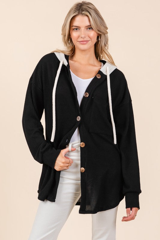 BOMBOM Textured Button Down Drawstring Hooded Shacket - Sydney So Sweet