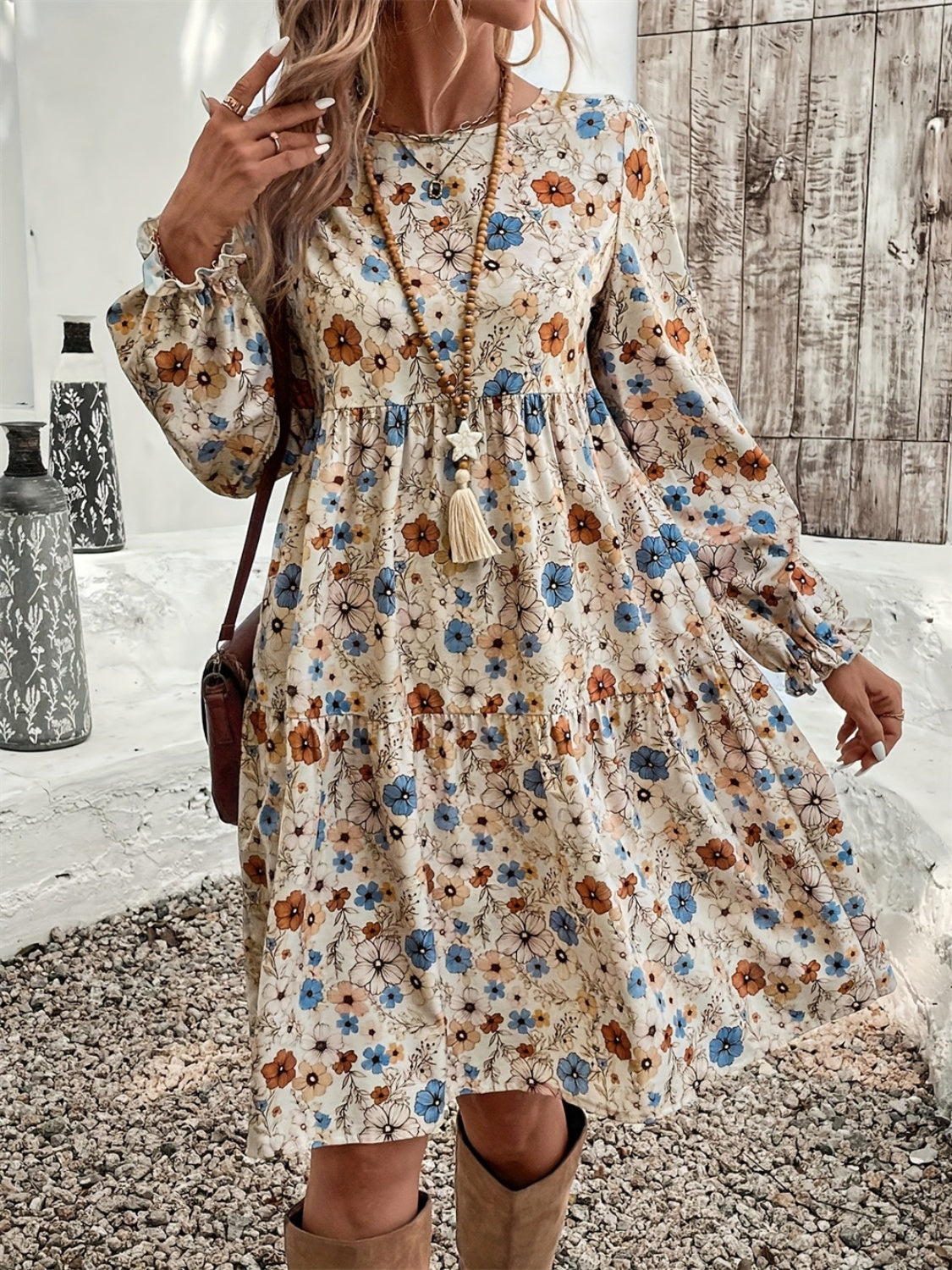 Ruffled Printed Round Neck Long Sleeve Dress - Sydney So Sweet