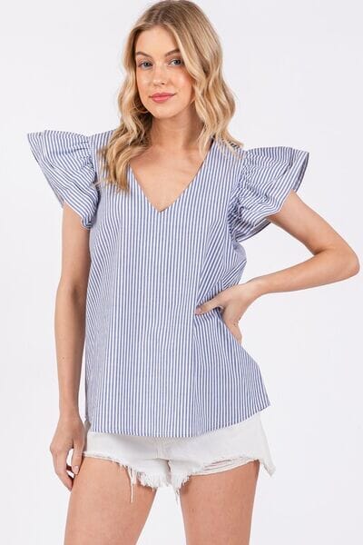 Ces Femme Striped V-Neck Ruffled Cap Sleeve Blouse - Sydney So Sweet