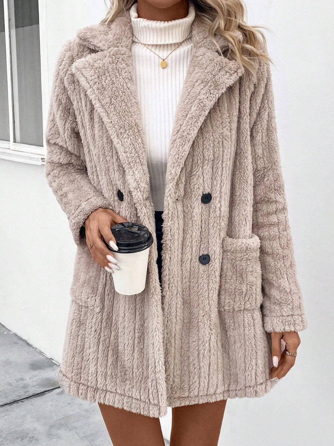 Fuzzy Button Up Long Sleeve Coat with Pockets - Sydney So Sweet