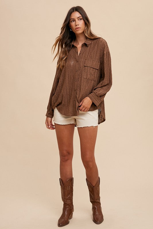 Annie Wear Openwork Button Down Drop Shoulder Shirt - Sydney So Sweet