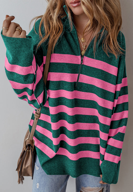 Contrast Striped Quarter Zip Long Sleeve Sweater - Sydney So Sweet