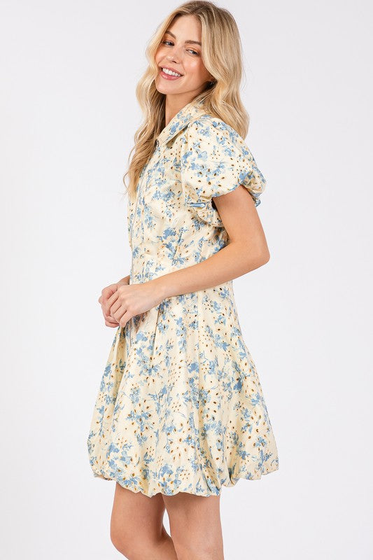 GeeGee Floral Eyelet Zipper Front Puff Sleeve Mini Dress - Sydney So Sweet