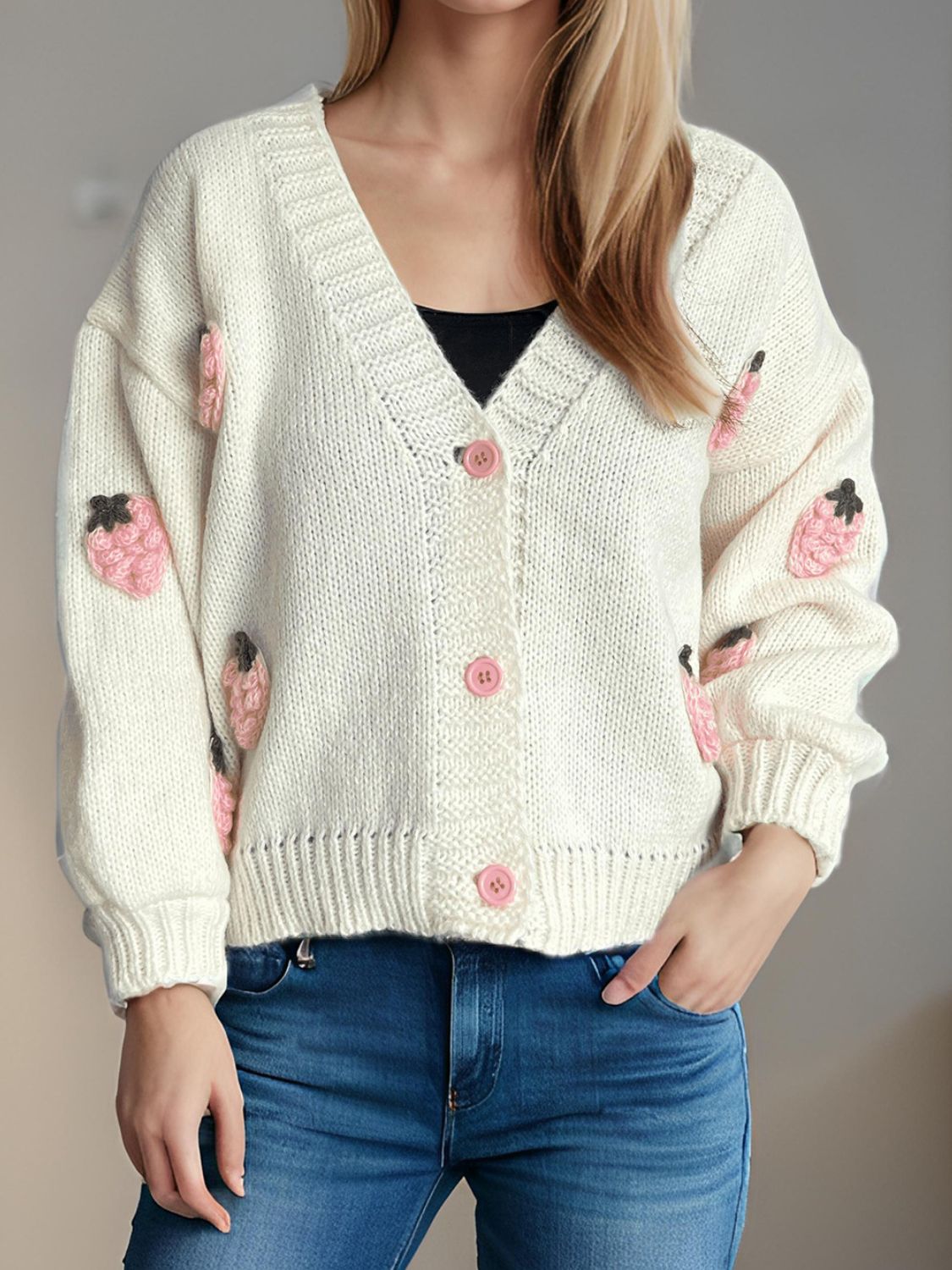 Crochet Strawberry V-Neck Long Sleeve Cardigan - Sydney So Sweet