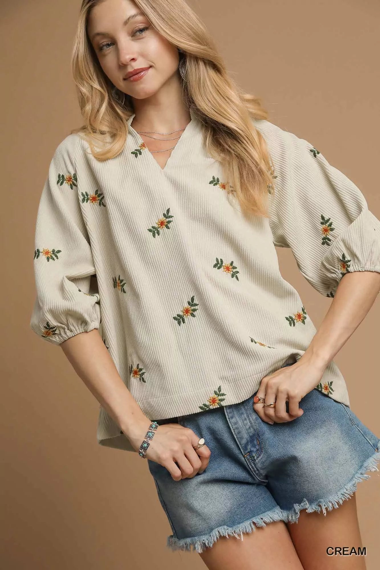 Umgee Corduroy Floral Embroidered Puff Sleeve Blouse - Sydney So Sweet