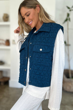 Double Take Full Size Pocketed Texture Snap Down Vest Coat - Sydney So Sweet