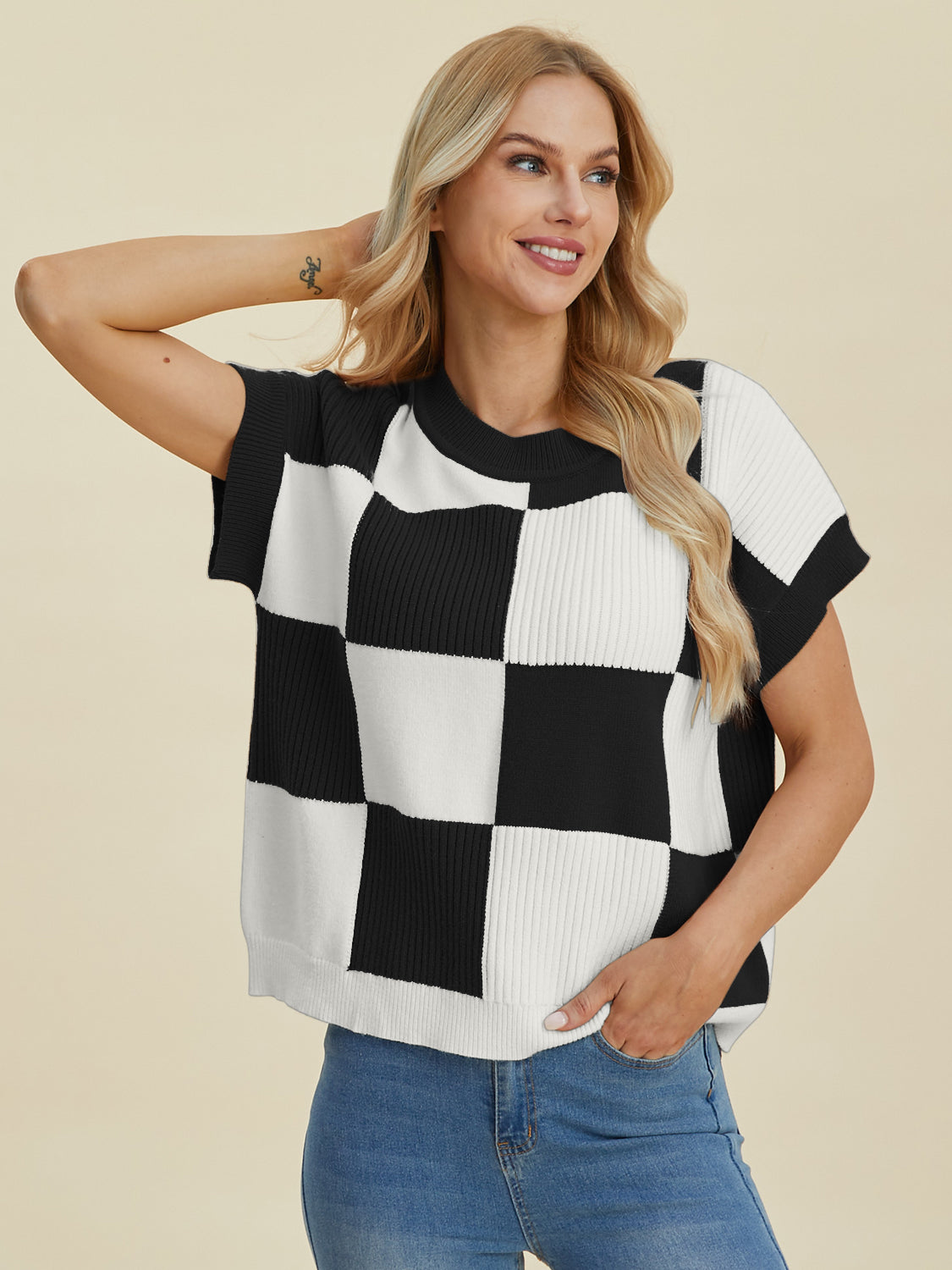 Double Take Full Size Checkered Round Neck Short Sleeve Sweater - Sydney So Sweet