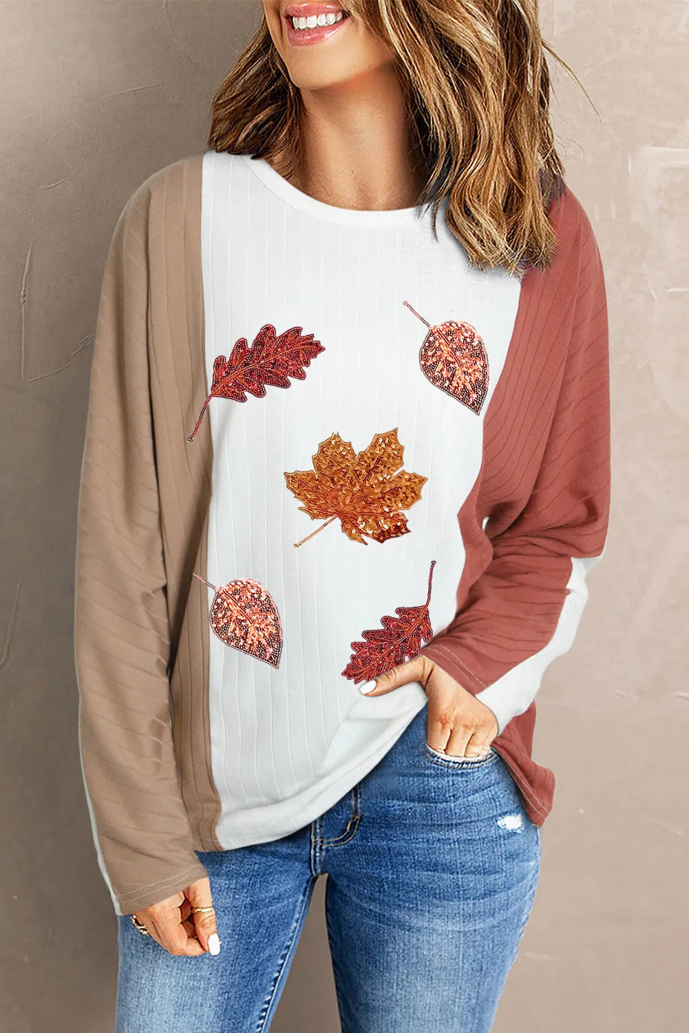 Maple Leaf Round Neck Long Sleeve Top - Sydney So Sweet