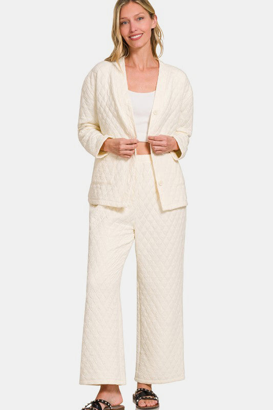 Zenana Quilted Button Up Long Sleeve Top and Pants Lounge Set - Sydney So Sweet