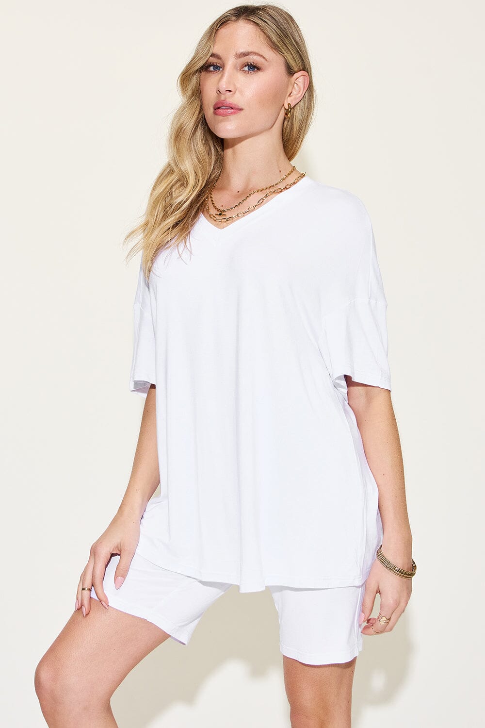 Basic Bae Full Size V-Neck Drop Shoulder T-Shirt and Shorts Set - Sydney So Sweet