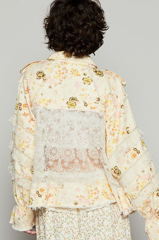 POL Raw Hem Lace Patch Flounce Sleeve Jacket - Sydney So Sweet