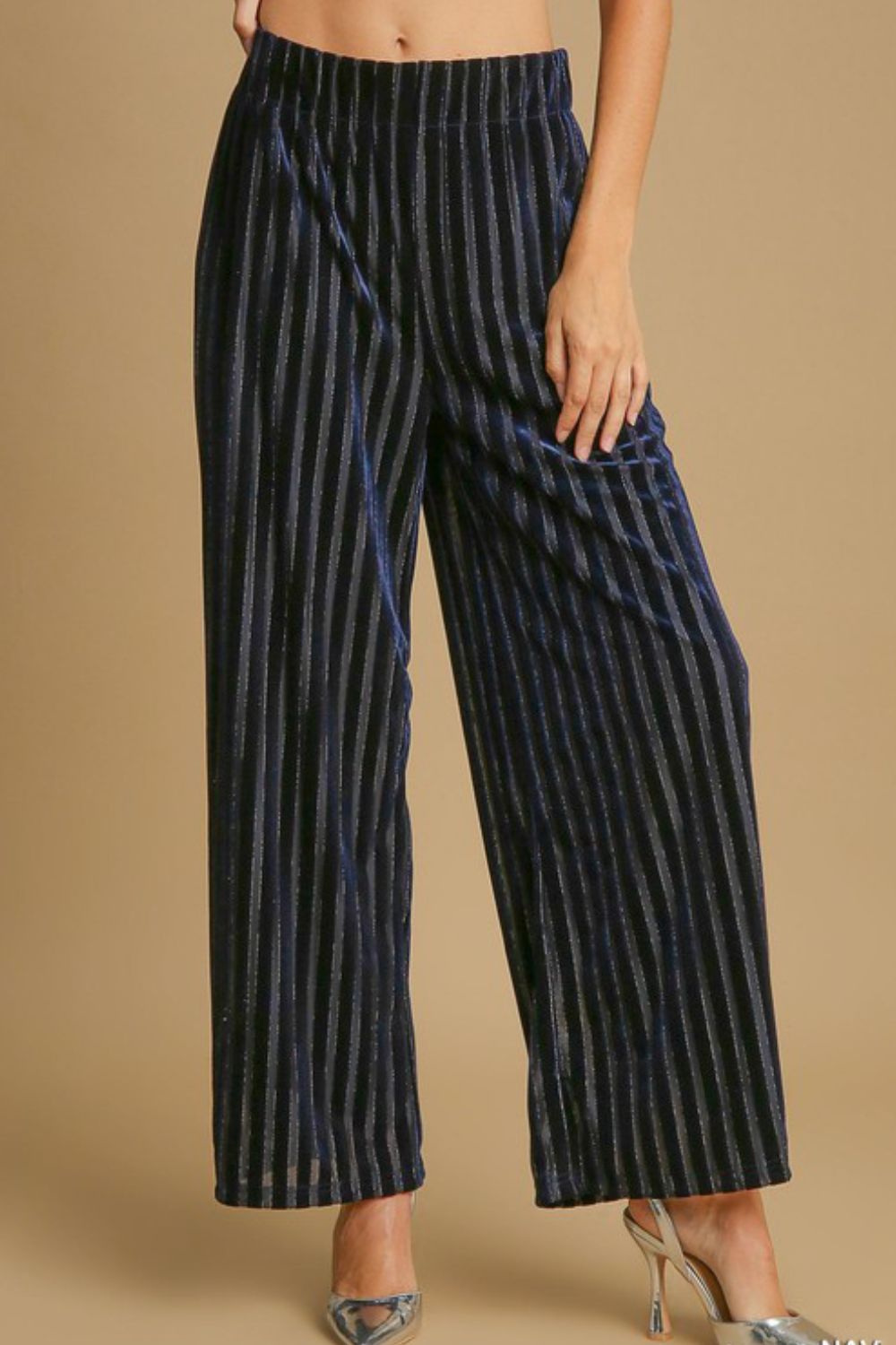 Umgee Full Size Elastic Waist Striped Wide Leg Velvet Pants - Sydney So Sweet