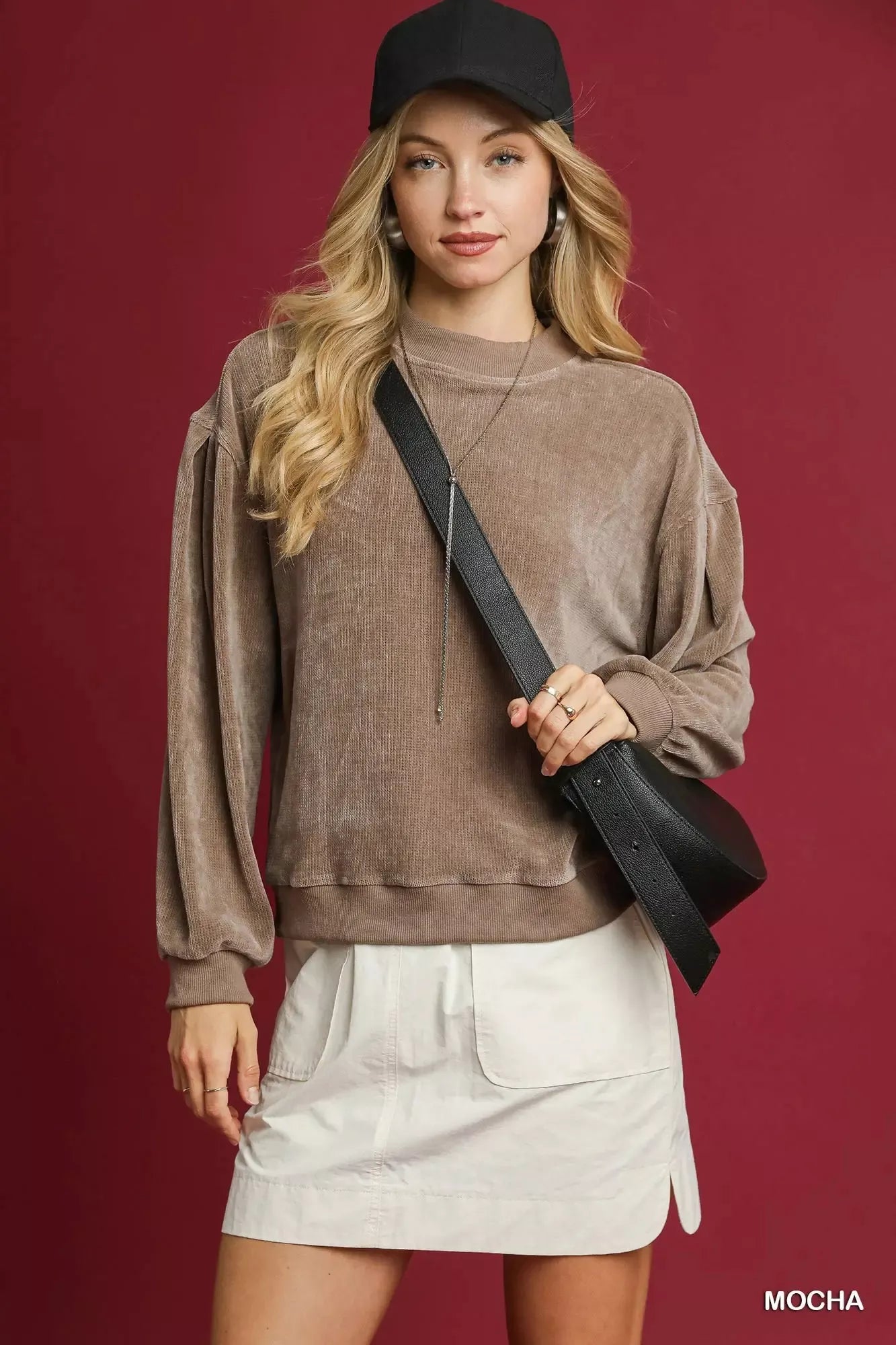 Umgee Velour Crewneck Balloon Sleeve Sweatshirt - Sydney So Sweet