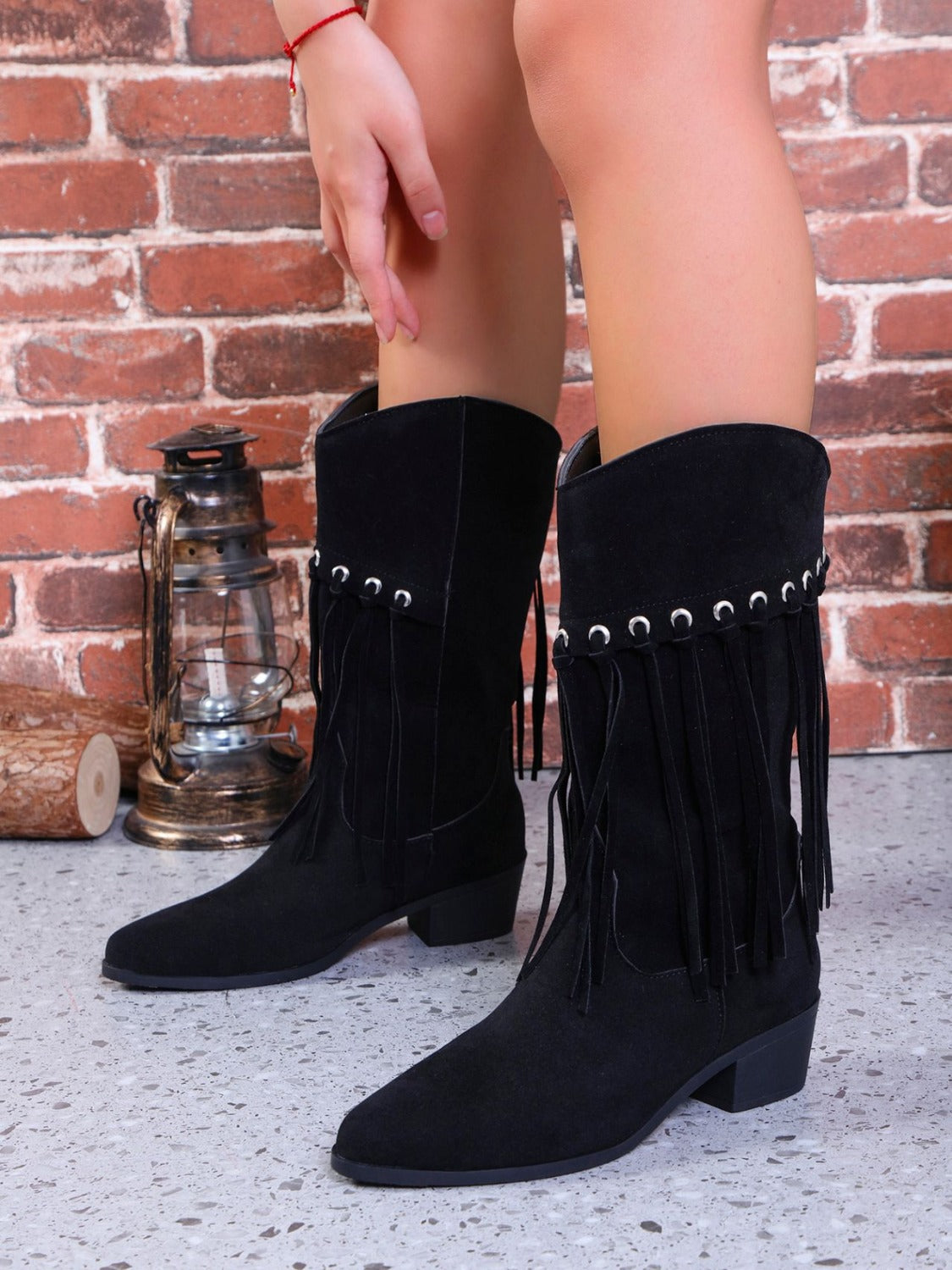 Fringe Suede Point Toe Block Heel Boots - Sydney So Sweet