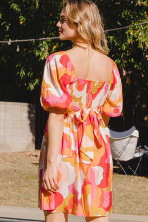 Full Size Printed Tied Back Short Sleeve Mini Dress - Sydney So Sweet