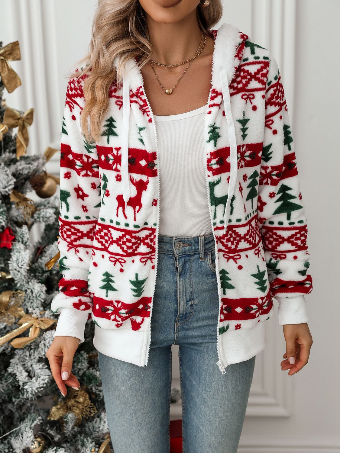 Drawstring Christmas Element Zip Up Hooded Jacket - Sydney So Sweet