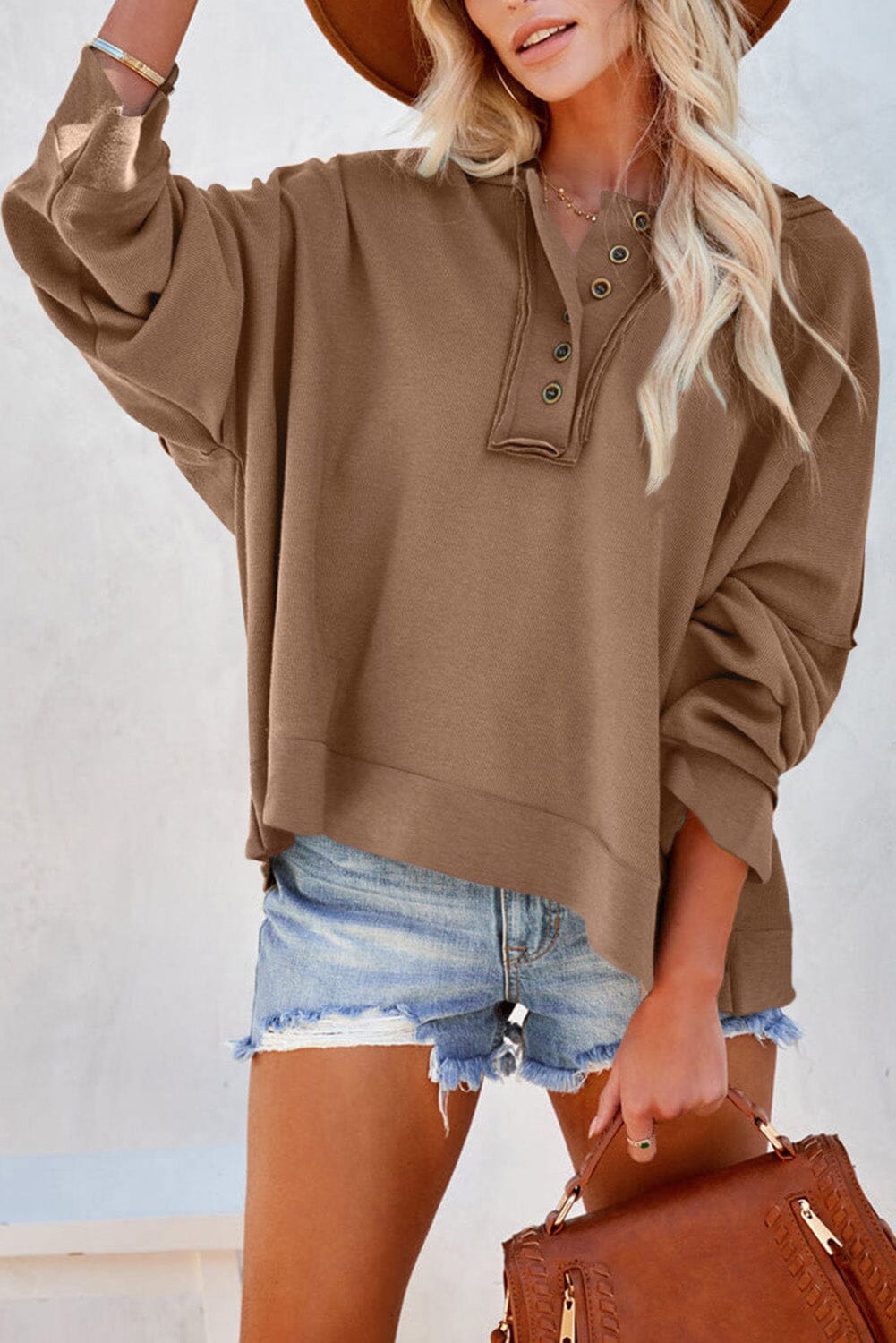 Quarter-Button Exposed Seam Dropped Shoulder Hoodie - Sydney So Sweet