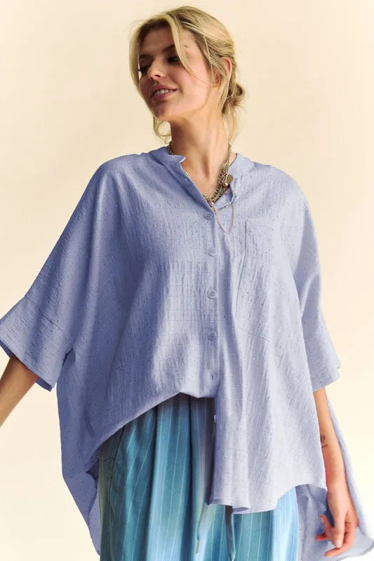 Davi & Dani Rhinestone Pleat Back Short Sleeve Loose Fit Shirt - Sydney So Sweet