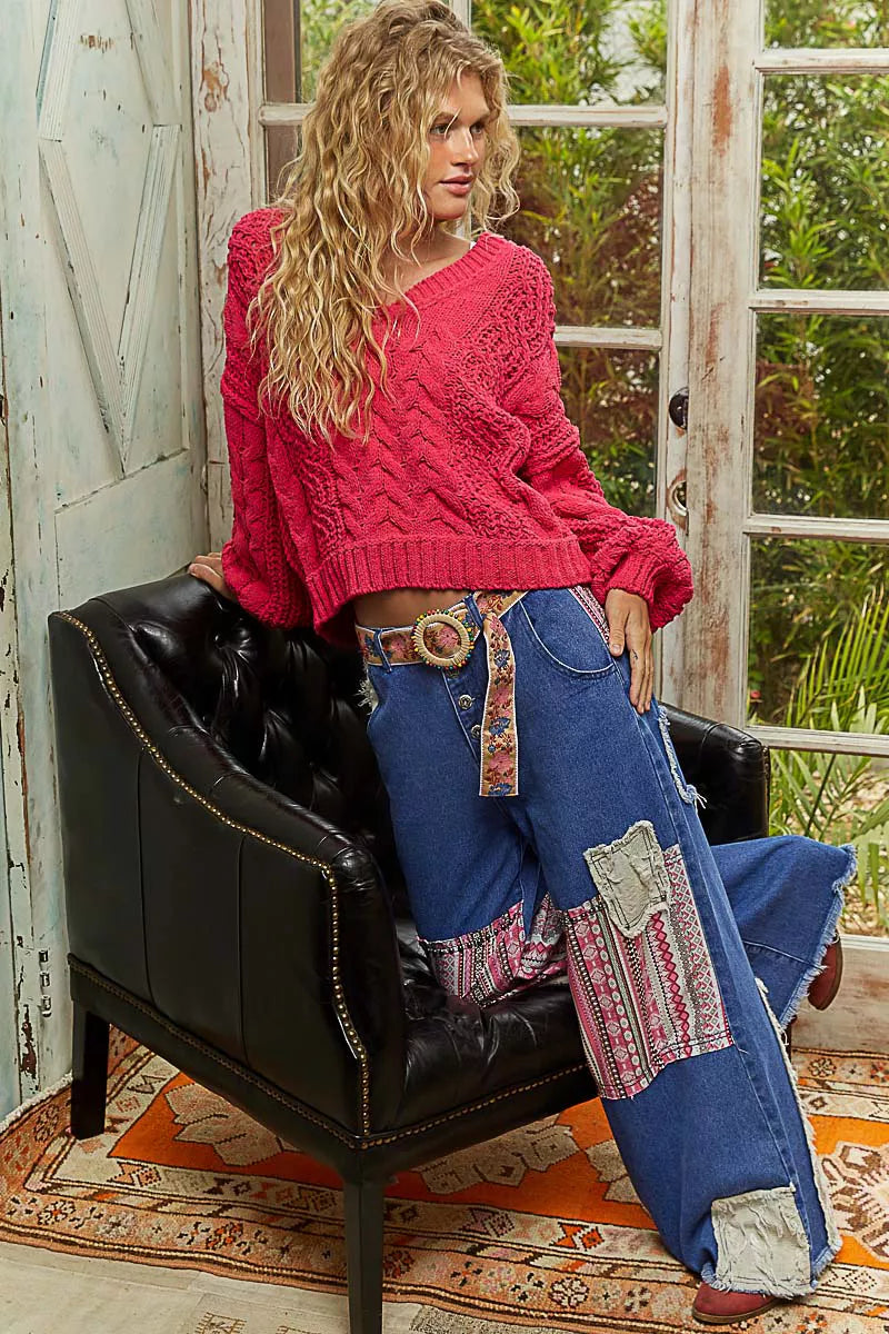 POL Cable-Knit Solid V-Neck Cropped Sweater - Sydney So Sweet