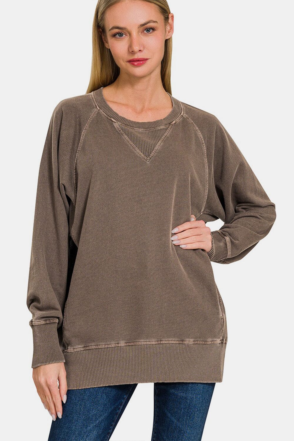 Zenana Round Neck Long Sleeve Sweatshirt - Sydney So Sweet