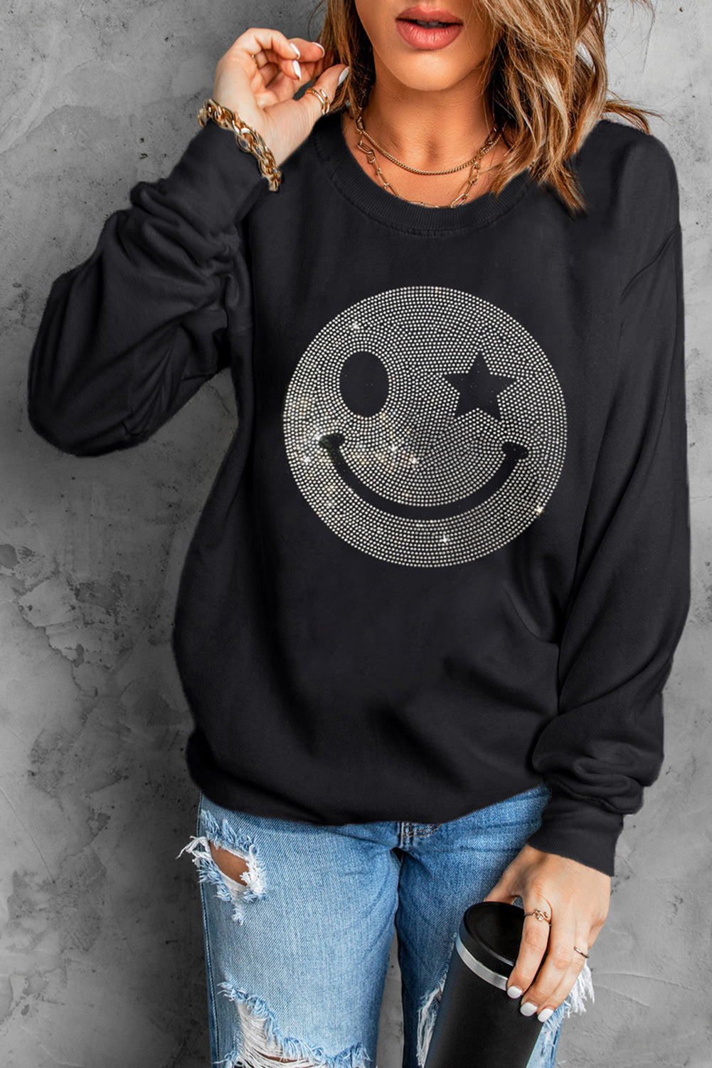 Rhinestone Smile Long Sleeve Sweatshirt - Sydney So Sweet