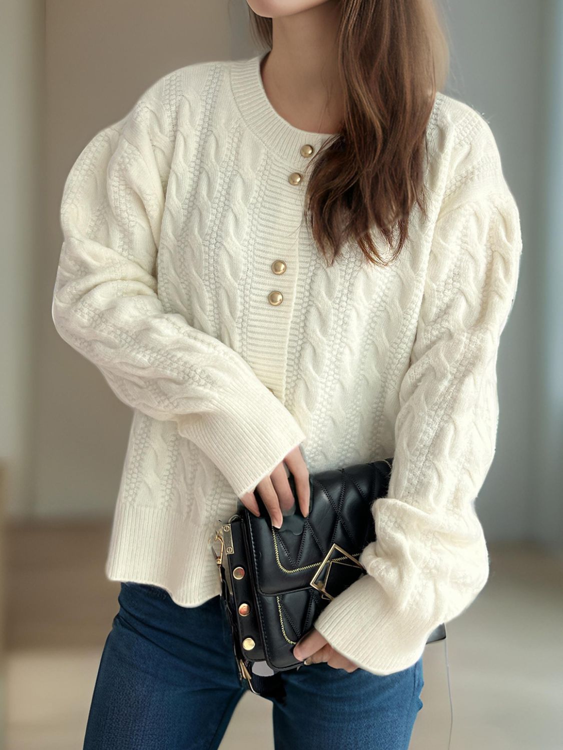 Cable-Knit Round Neck Long Sleeve Cardigan - Sydney So Sweet