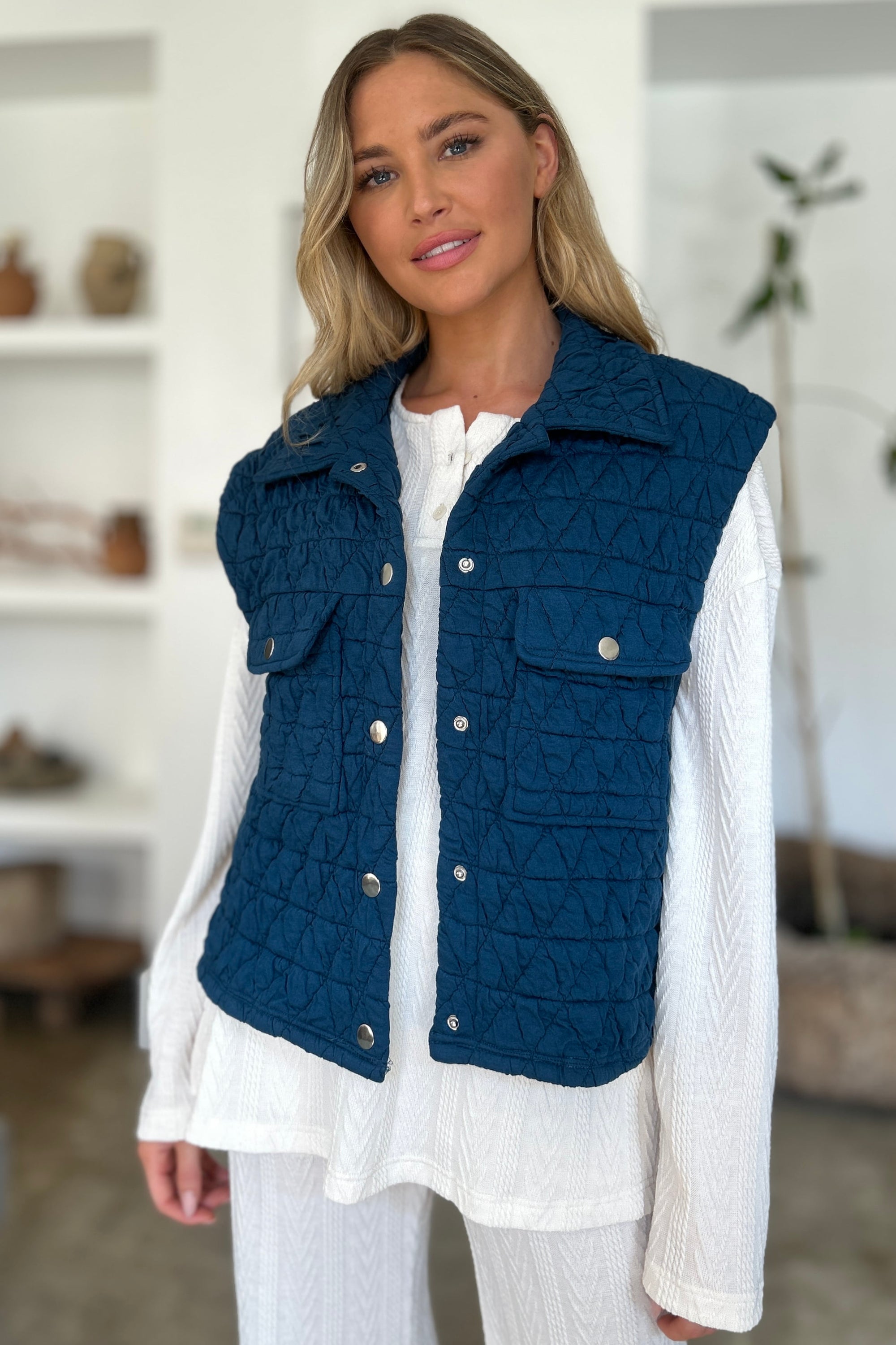 Double Take Full Size Pocketed Texture Snap Down Vest Coat - Sydney So Sweet