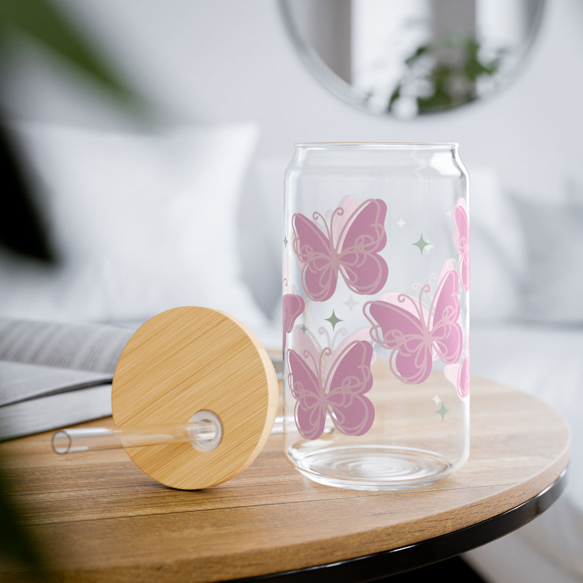 Flutter Pink Butterfly Tumbler Sipper Glass 16oz — Reusable Drink Jar with Lid & Straw