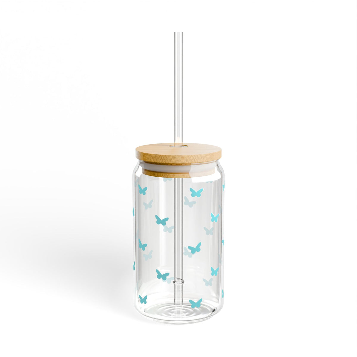 Mini Butterfly Turquoise Blue Sipper Glass 16oz — Reusable Drink Jar with Lid & Straw