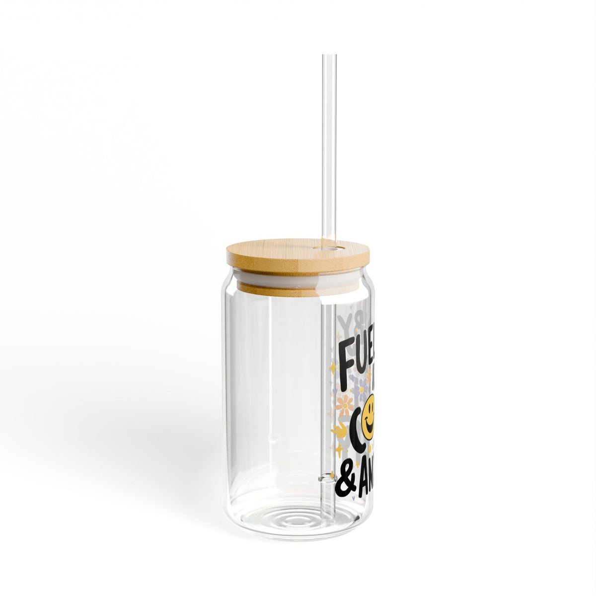 Fuel By Iced Coffee & Anxiety Smile Sipper Glass 16oz Reusable Drink Jar with Lid & Straw