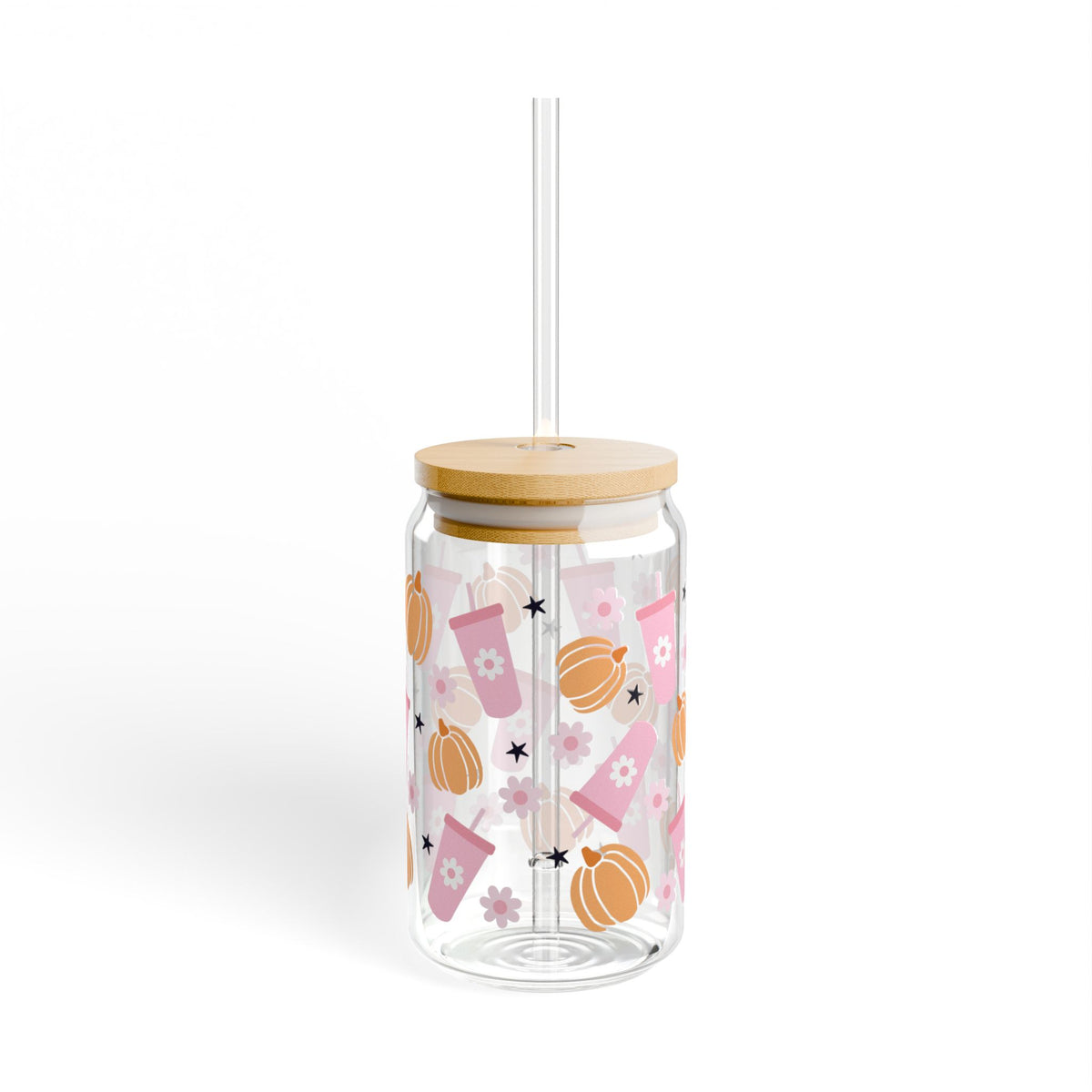 Pumpkin Spice Girlie Halloween Sipper Glass 16oz Reusable Drink Jar with Lid & Straw