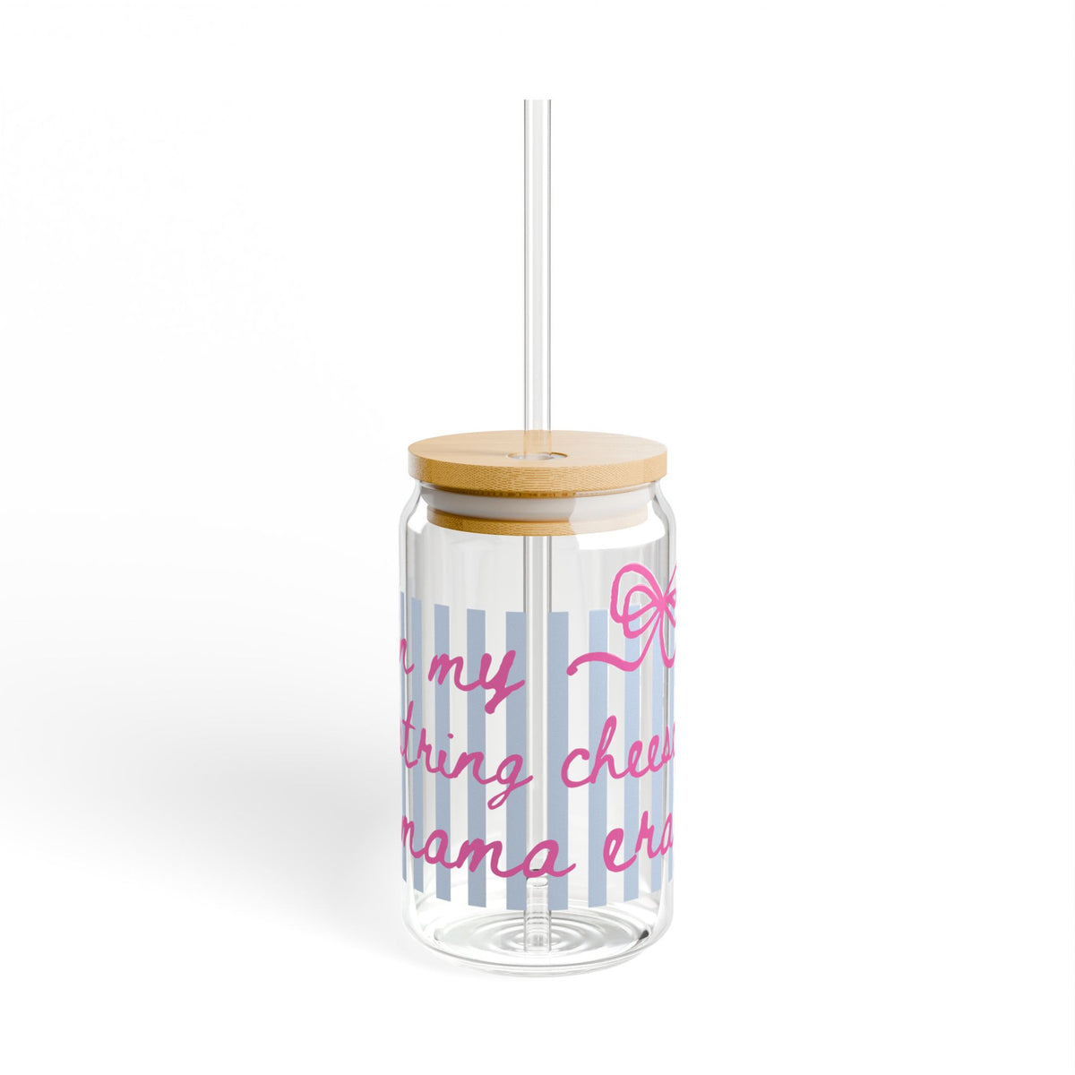 In My String Cheese Cheer Mama Era  Pink Script Sipper Glass 16oz Reusable Drink Jar with Lid & Straw