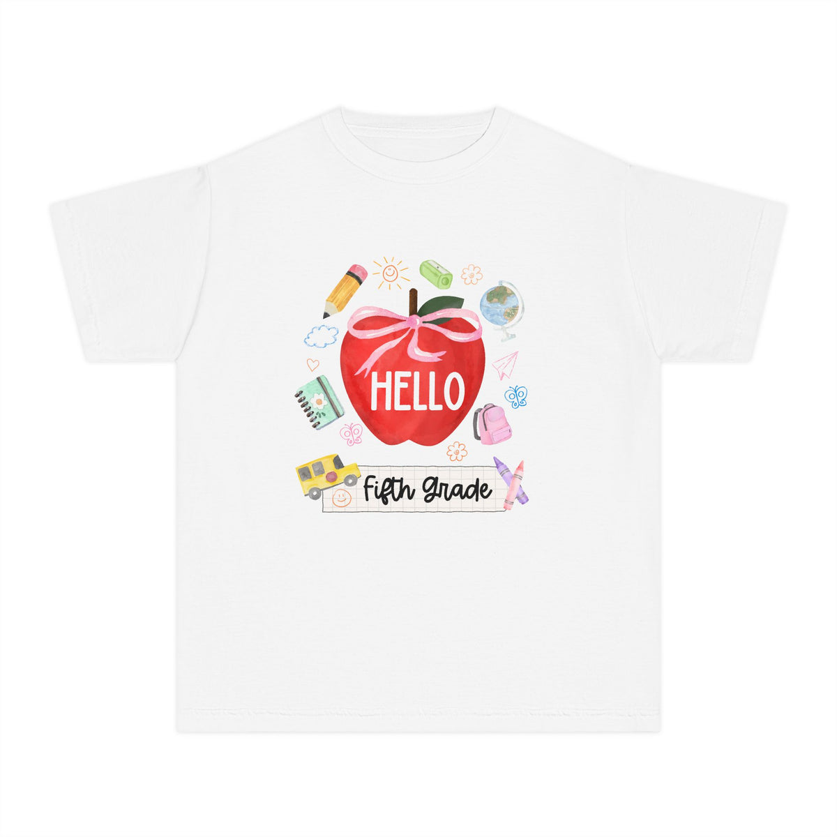Hello Fifth Grade Preppy Coquette Apple Graphic Tee Back to School 5th Grade T-Shirt
