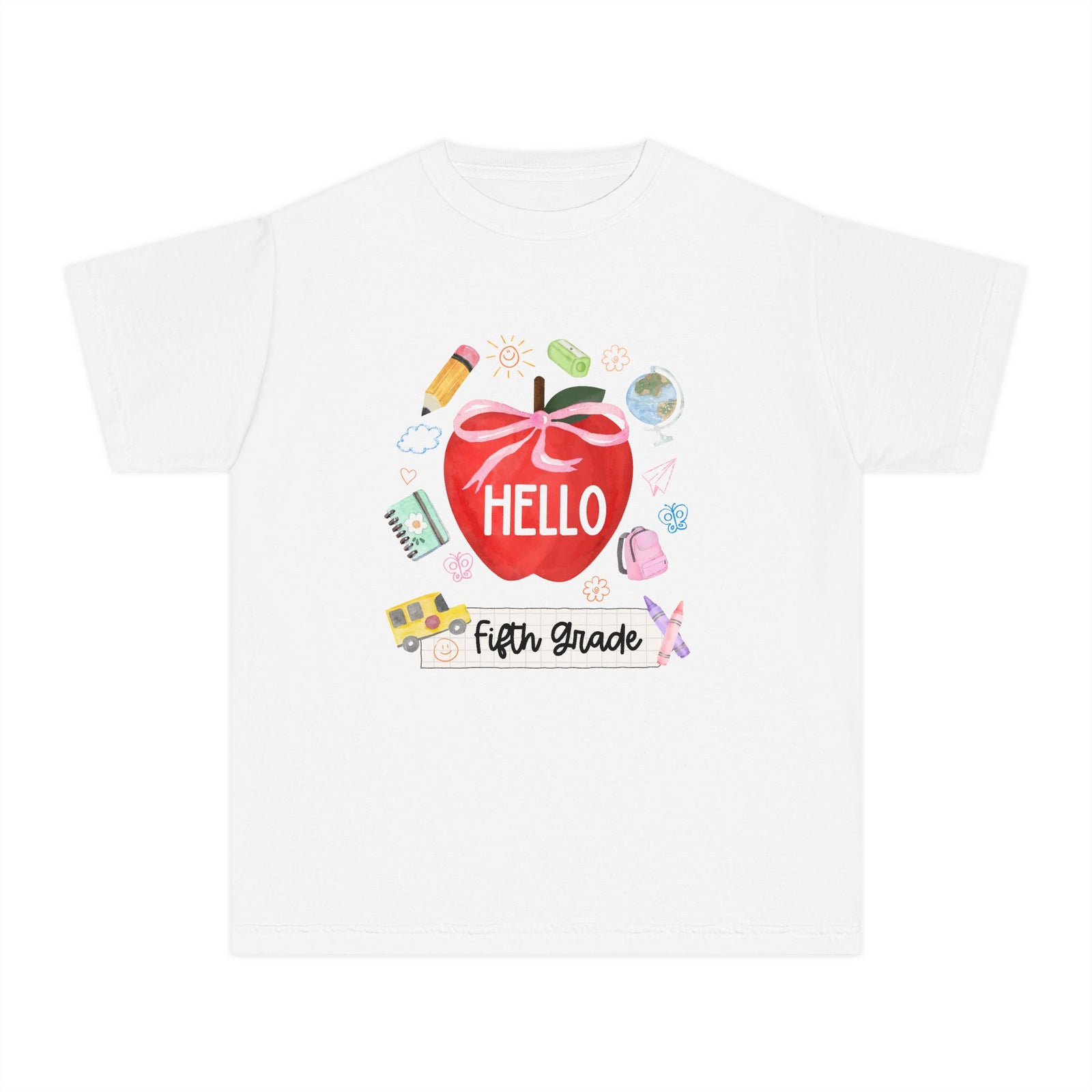 Hello Fifth Grade Preppy Coquette Apple Graphic Tee Back to School 5th Grade T-Shirt