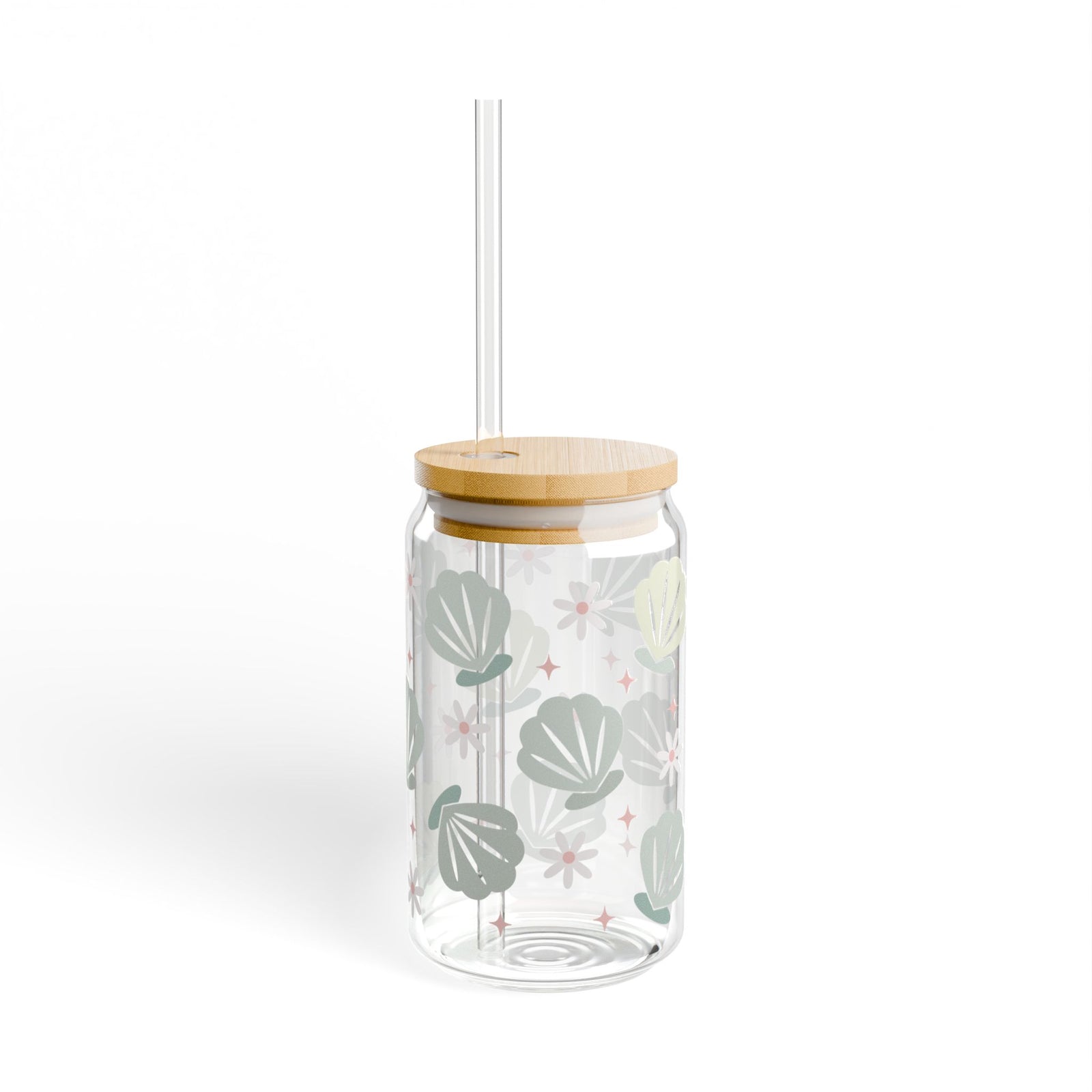 Floral & Seashell Mint Sipper Glass 16oz — Reusable Drink Jar with Lid & Straw