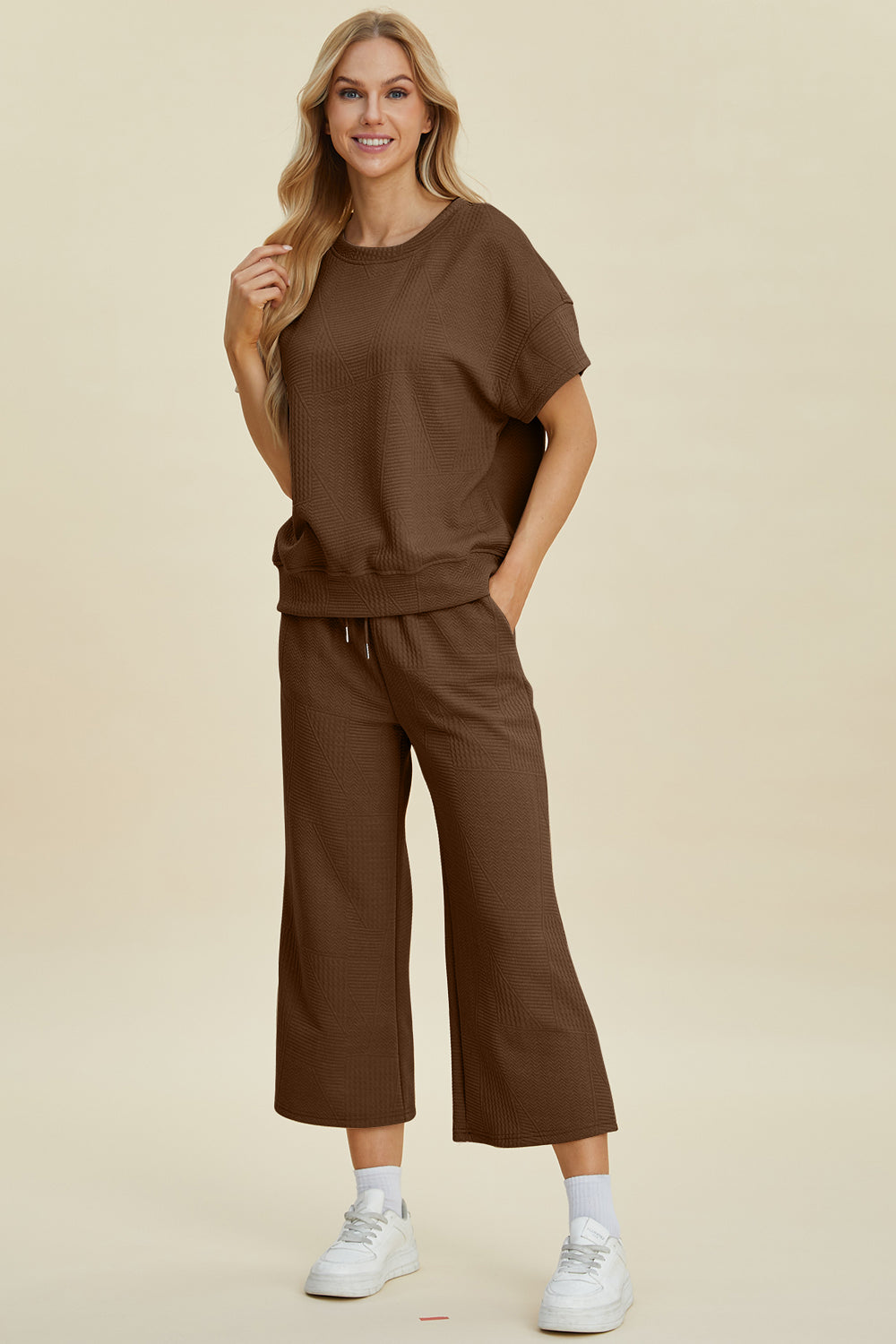 Double Take Full Size Texture Round Neck Top and Pants Set - Sydney So Sweet