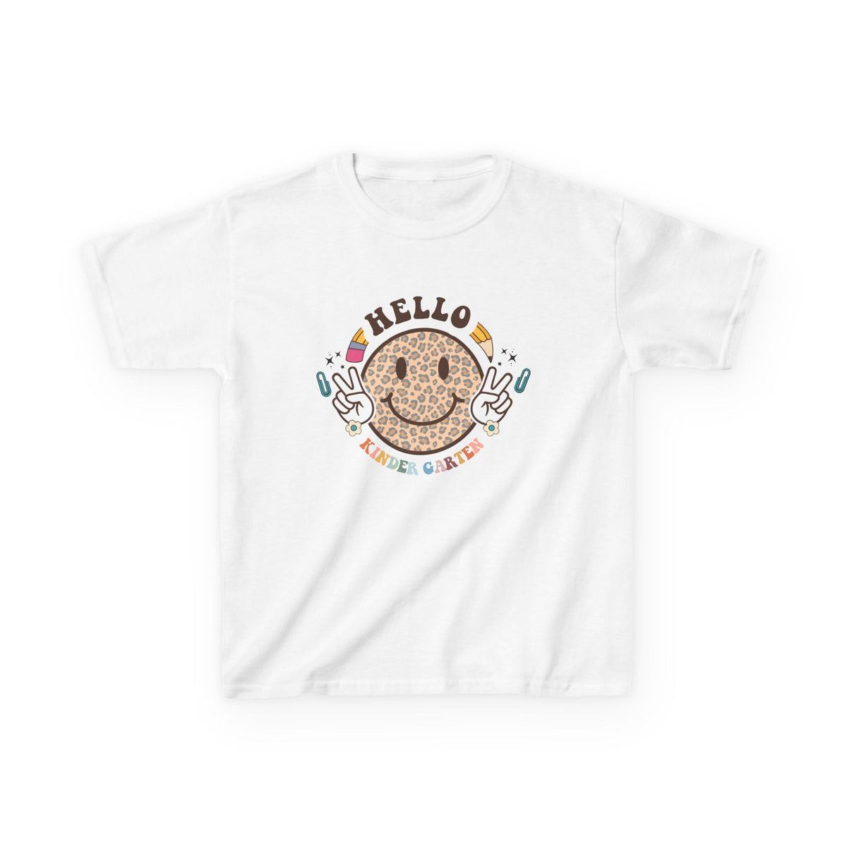Kindergarten Cheetah Smiley Face Graphic Tee Back-to-School Kindergarten Kids T-Shirt