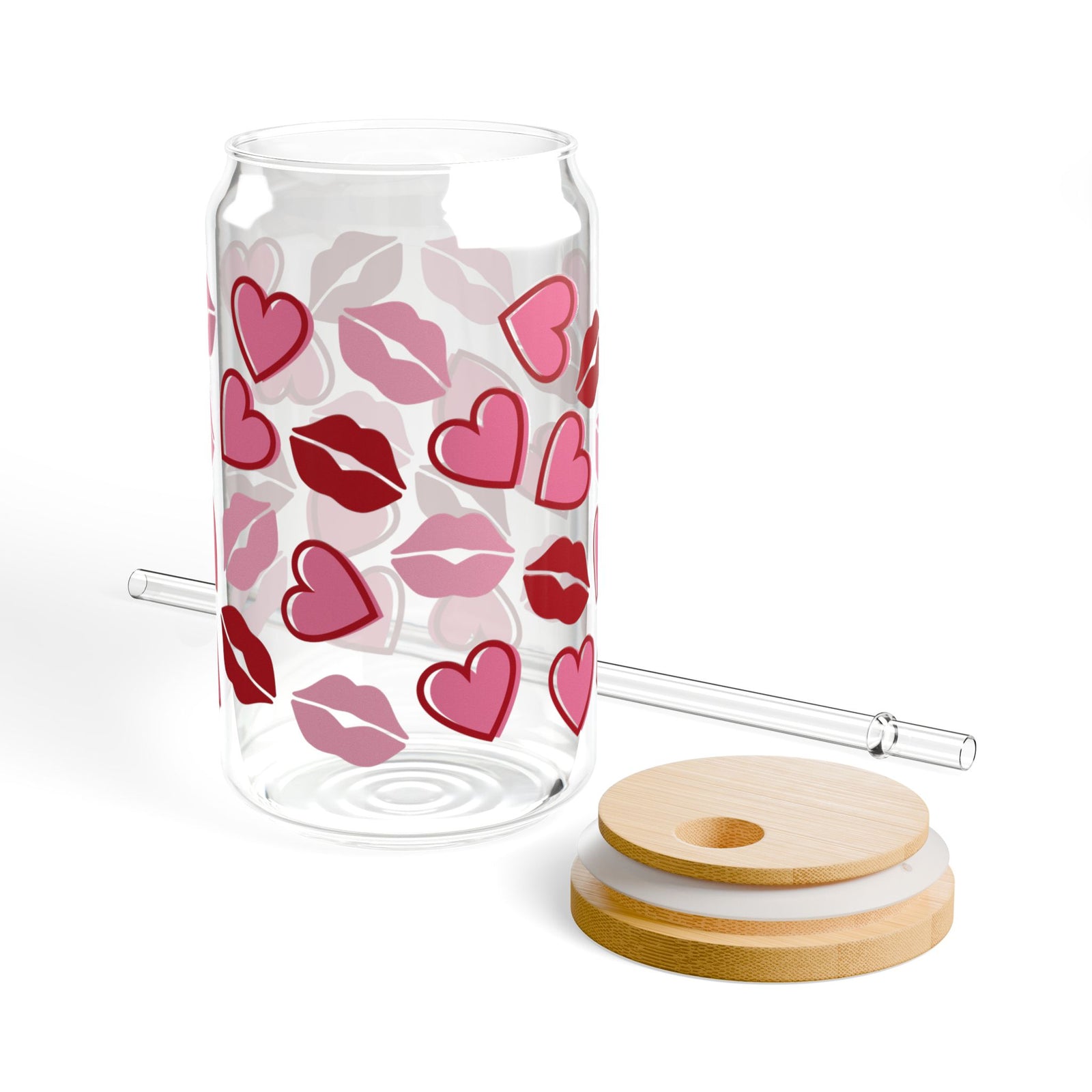 Kisses Lips & Hearts Tumbler Sipper Glass 16oz — Reusable Drink Jar with Lid & Straw