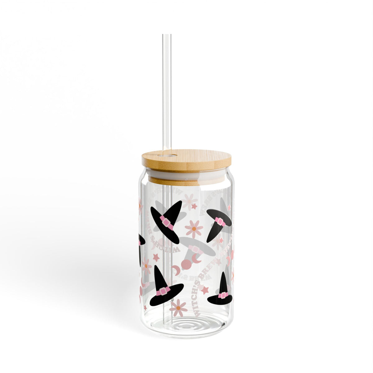 Witch's Brew & Hats Halloween Sipper Glass 16oz Reusable Drink Jar with Lid & Straw