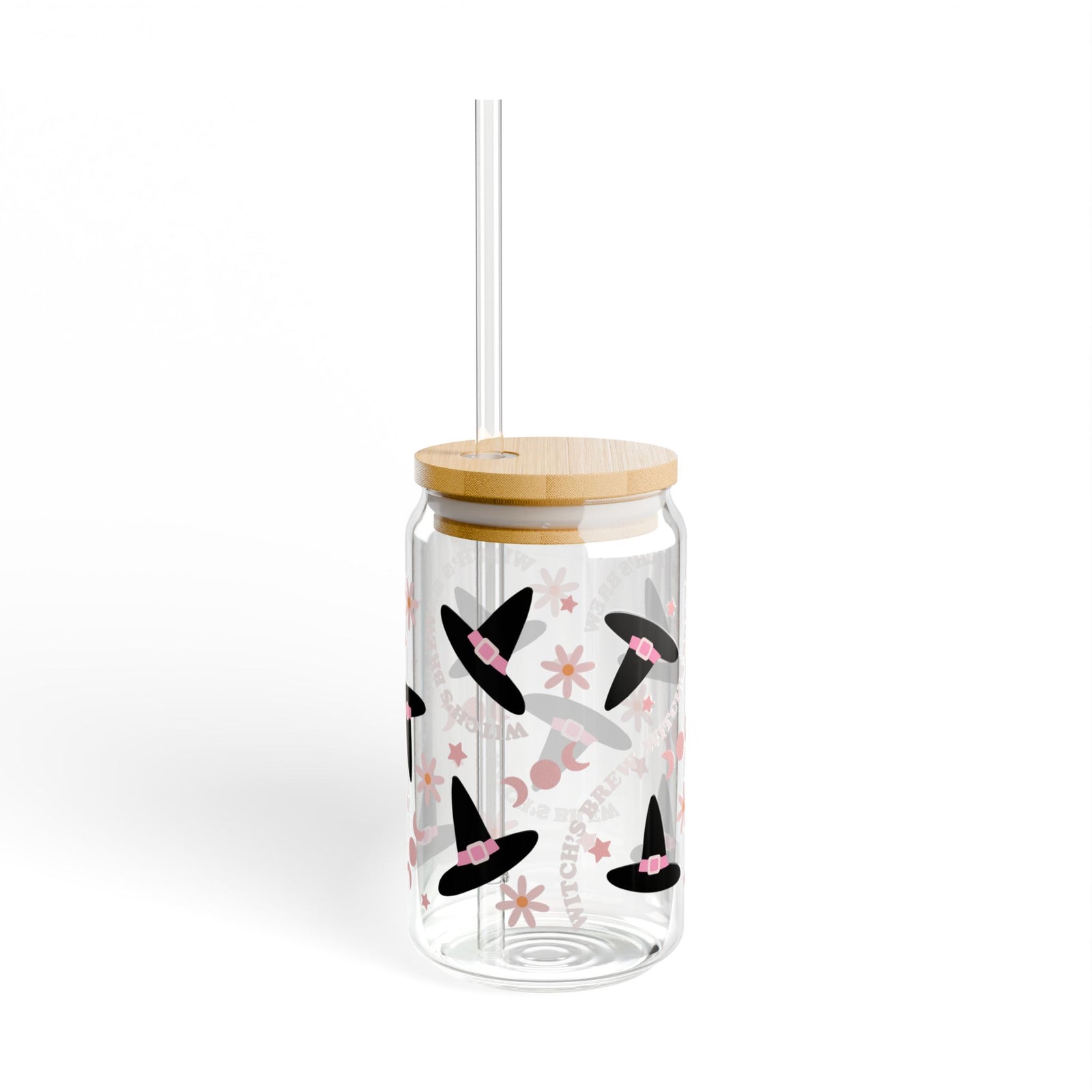 Witch's Brew & Hats Halloween Sipper Glass 16oz Reusable Drink Jar with Lid & Straw