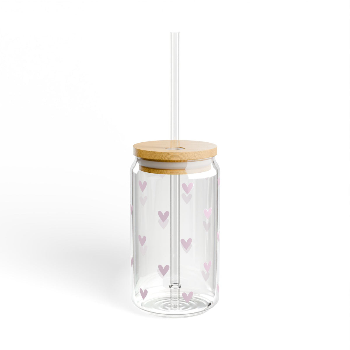 Mini Hearts Pink Sipper Glass 16oz — Reusable Drink Jar with Lid & Straw