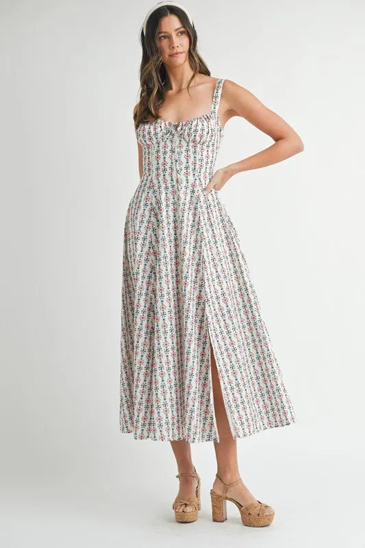 MABLE Floral Print Bustier Back Lace Up Midi Dress - Sydney So Sweet