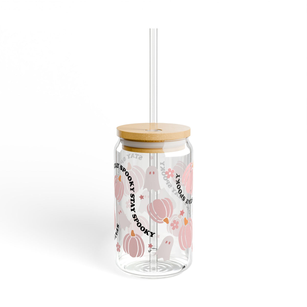 Stay Spooky Pink Pumpkin & Ghost Halloween Sipper Glass 16oz Reusable Drink Jar with Lid & Straw